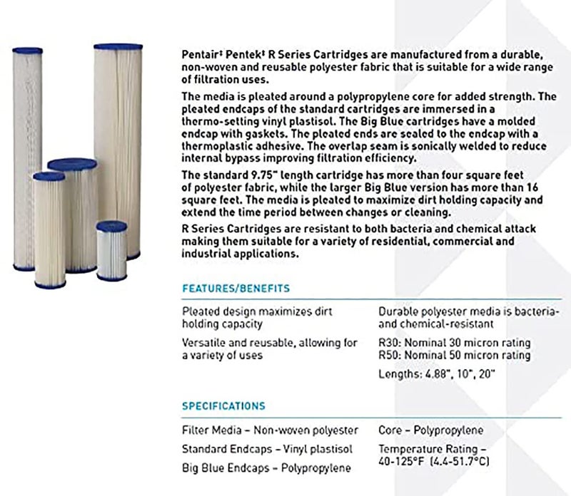 Pentek Pentair Pentek R30 Sediment Water Filter, 10-Inch, Under Sink Pleated Polyester Filter Cartridge, 10" x 2.5", 30 Micron - Image 1